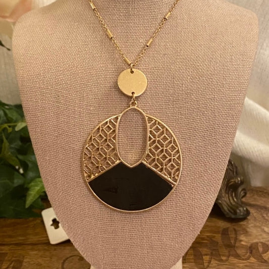 Gold Long Necklace With Gold And Black Cork Pendant