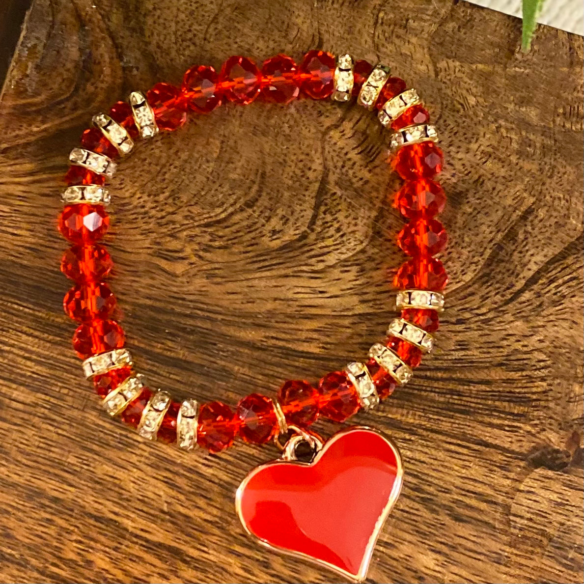 Valentine’s Day Red Beaded Stretch Bracelet With Heart Charm