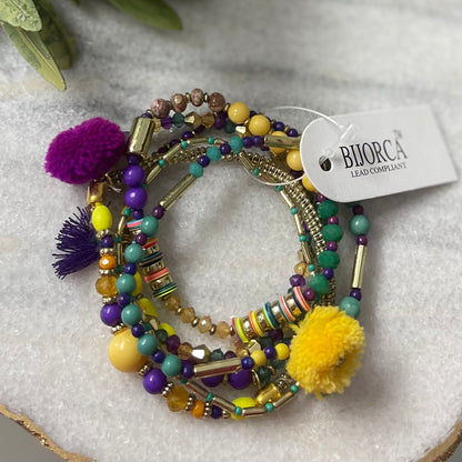 Mardi Gras Stretch Bracelet Set with Pom Poms