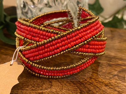 Seed Bead Red and Gold Cuff Bracelet