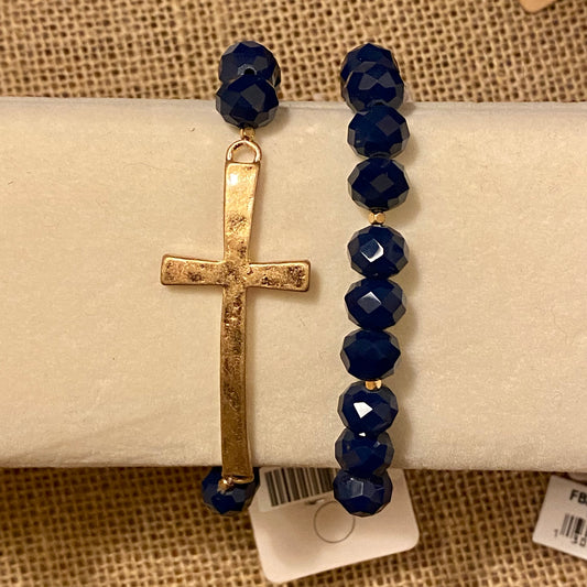 Bracelets - Navy Blue and Gold Stretch Bracelet with Center Cross