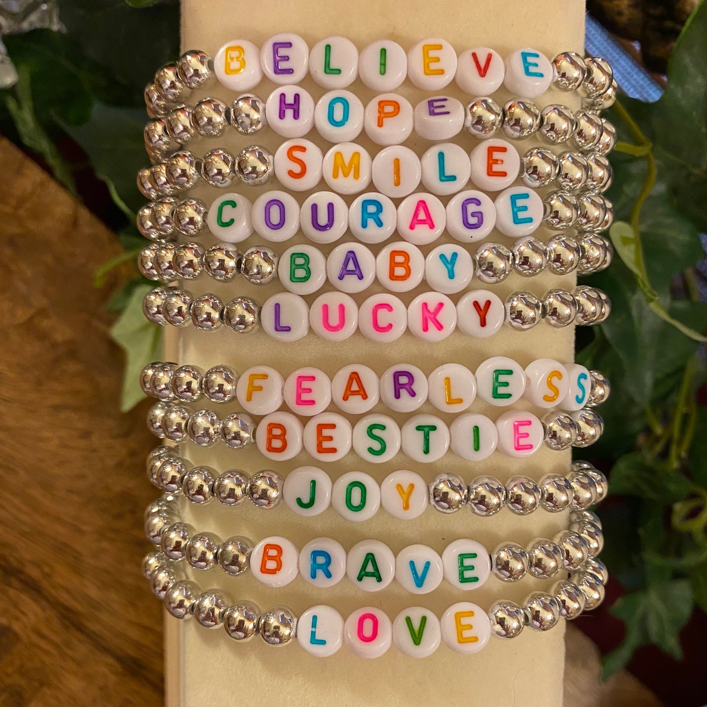 Silver Beaded Stretch Bracelets with Saying