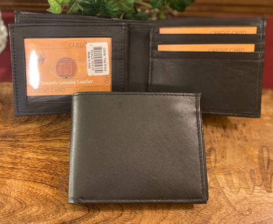 Men’s Black Genuine Leather Center Flap Bifold Wallet