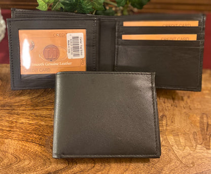 Mens Black Genuine Leather Center Flap Bifold Wallet