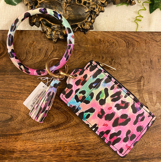 Bangle Key Ring and Ombré Rainbow Animal Print Zippered Pouch