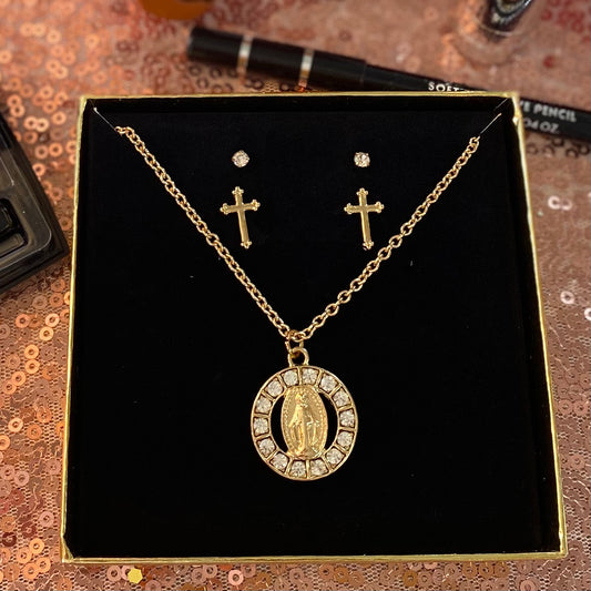 Virgin Mary Pendant on 18” Necklace and Two Pair Stud Earrings