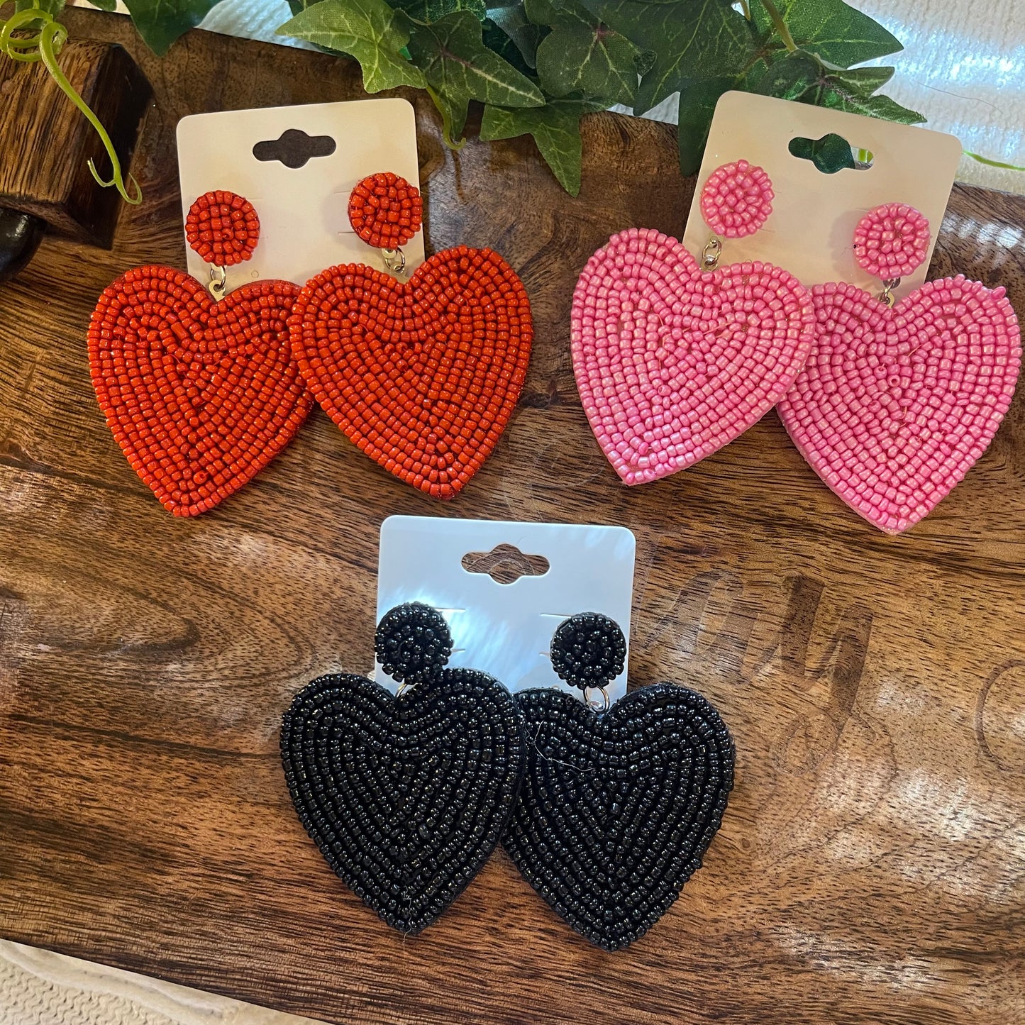 Valentine’s Day: Heart Seed Bead Post Back Earrings • Black