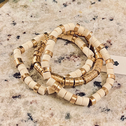 Bracelets - Stretch Bracelet Set with Gold Tone and Ivory Wood Beads