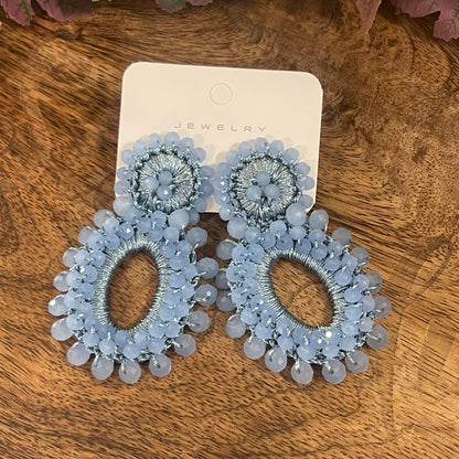 Blue Beaded Oval Drop Earrings