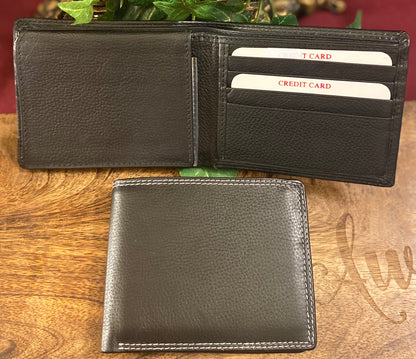 Men’s Black Genuine Leather Bifold Wallet with White Threading