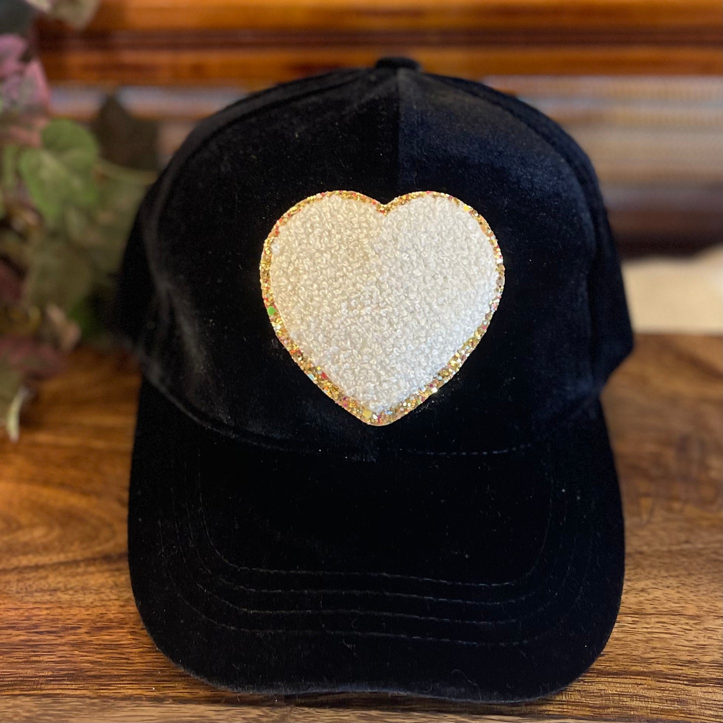 Velvet C.C Ponytail Hat With Adjustable Backs and Chenille Heart