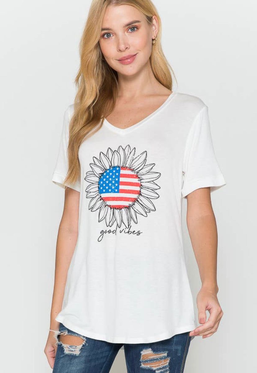 USA V-Neck American Flag & Sunflower Print Ladies Top
